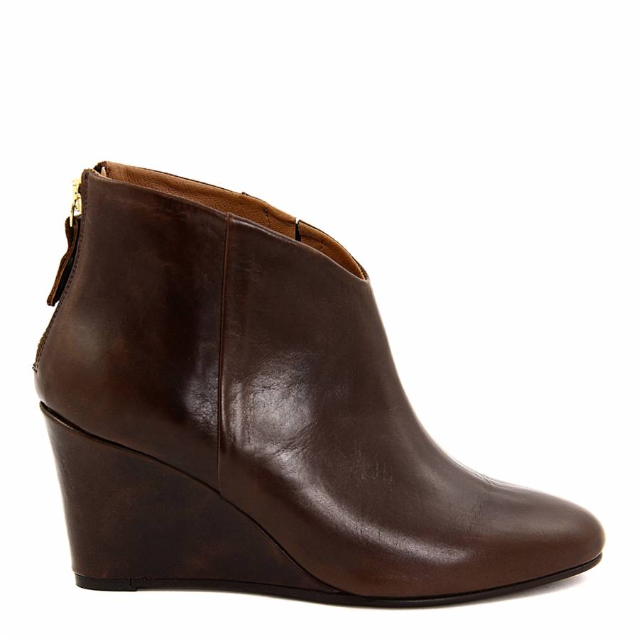 Brown Leather Wedge Heel Ankle Boots 7cm Heel - BrandAlley