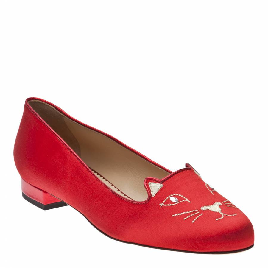 Red Silk Embroidered Kitty Slipper Pumps - BrandAlley