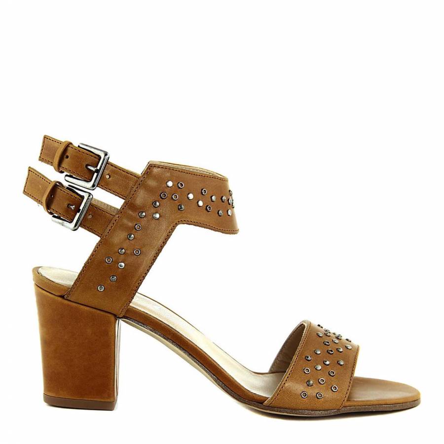Tan Leather Stud Sandals Heel 6cm - BrandAlley