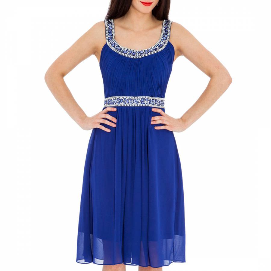 Royal Blue Embellished Neck Chiffon Dress - BrandAlley