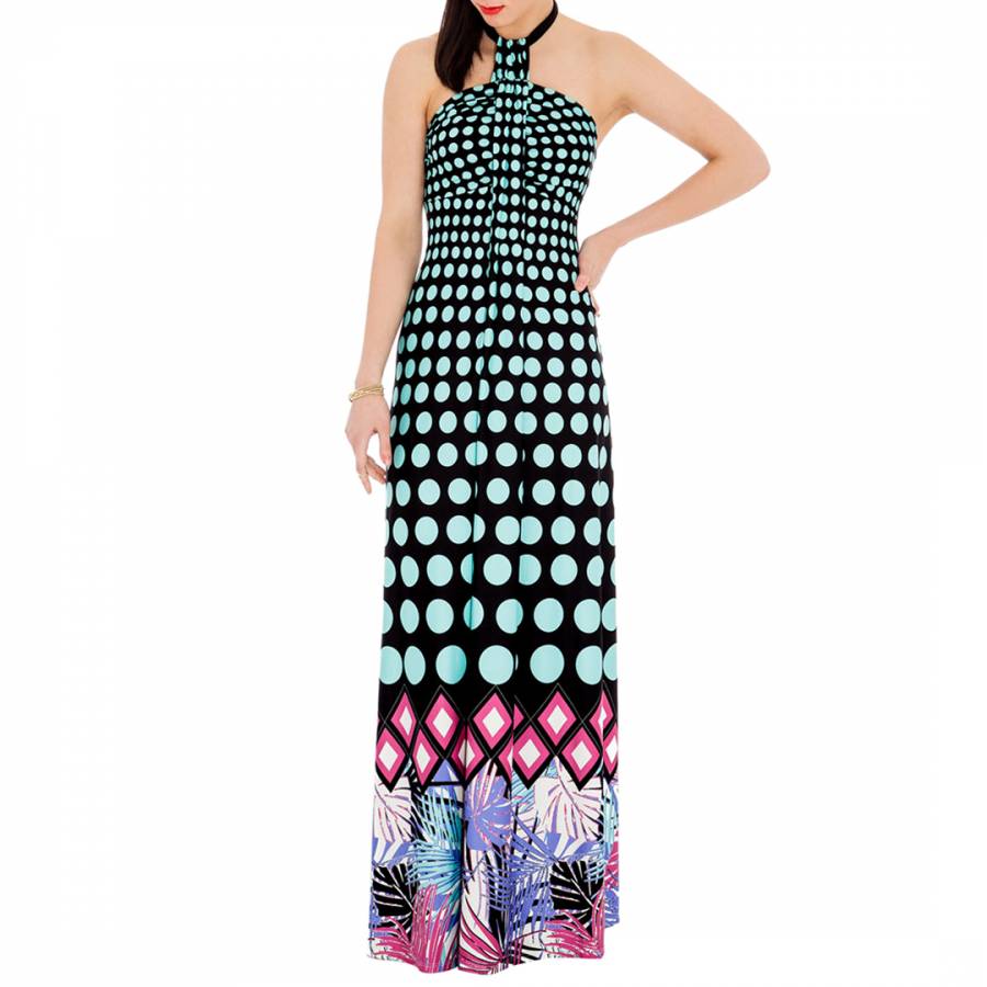 Goddiva Turquoise Spot Print Halter Neck Maxi Dress