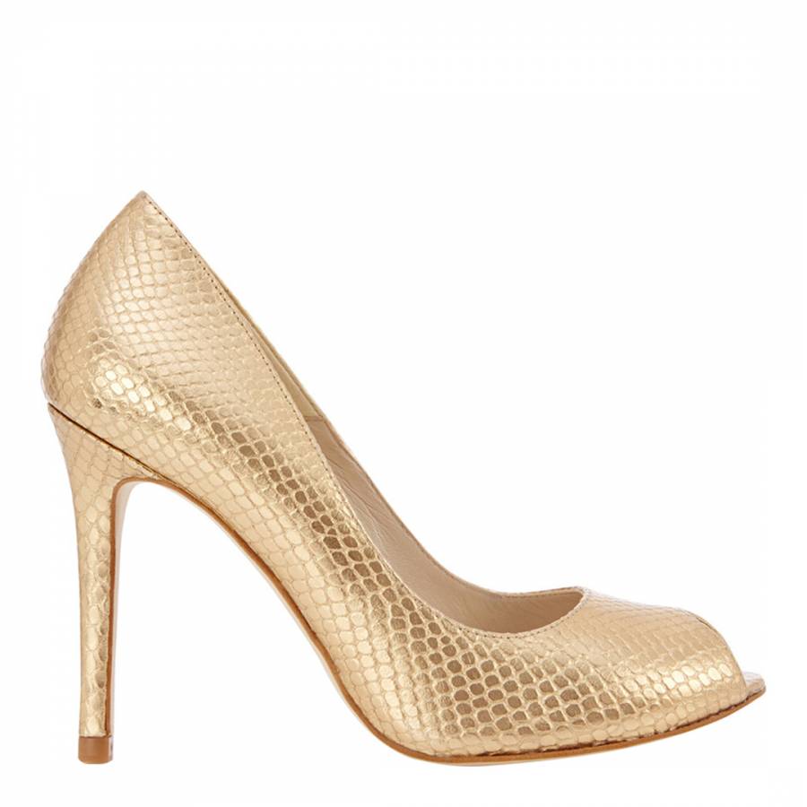 Gold Leather Snake Print Peep Toe Shoes 