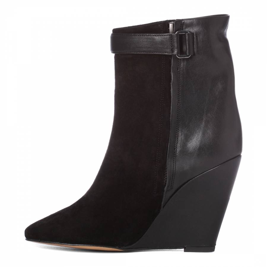 Black Suede/Leather Contrast Wedge Boots 9.5cm Heel - BrandAlley