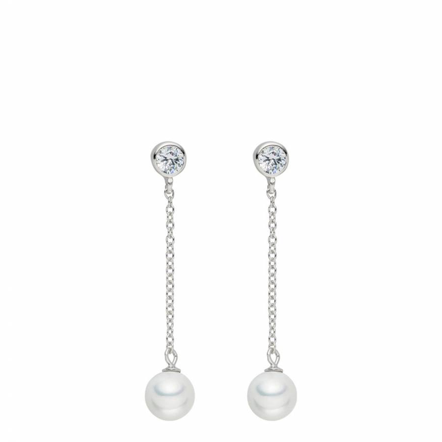 Silver/White Pearl/Crystal Chain Drop Earrings 8mm - BrandAlley