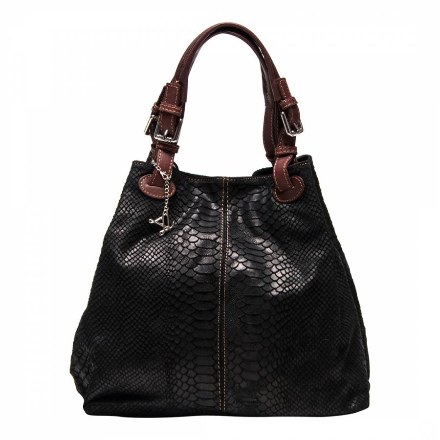 Black Leather Reptile Shoulder Bag - BrandAlley