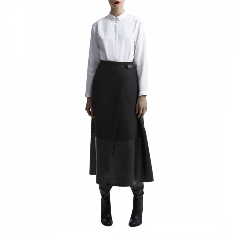 Black Wool/Leather Blend Midi Skirt - BrandAlley