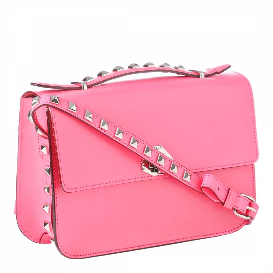 Neon Pink Leather Studded Shoulder Bag - BrandAlley