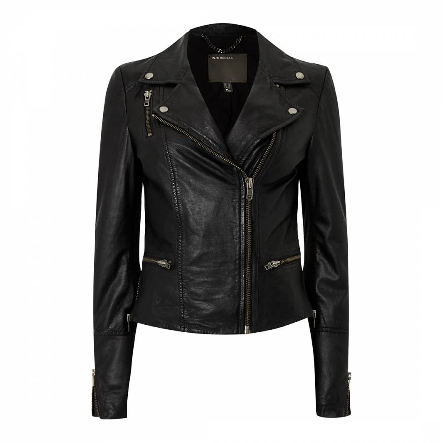 Black Almora Fitted Leather Biker Jacket - BrandAlley