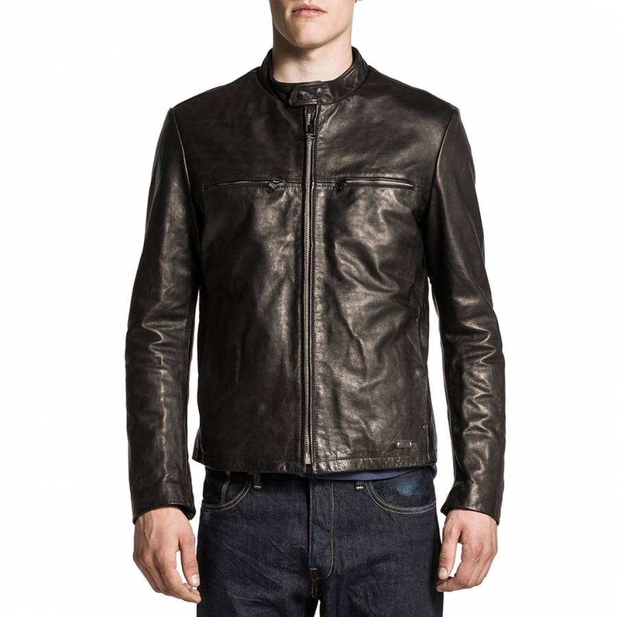 Black Collarless Shiny Leather Jacket - BrandAlley