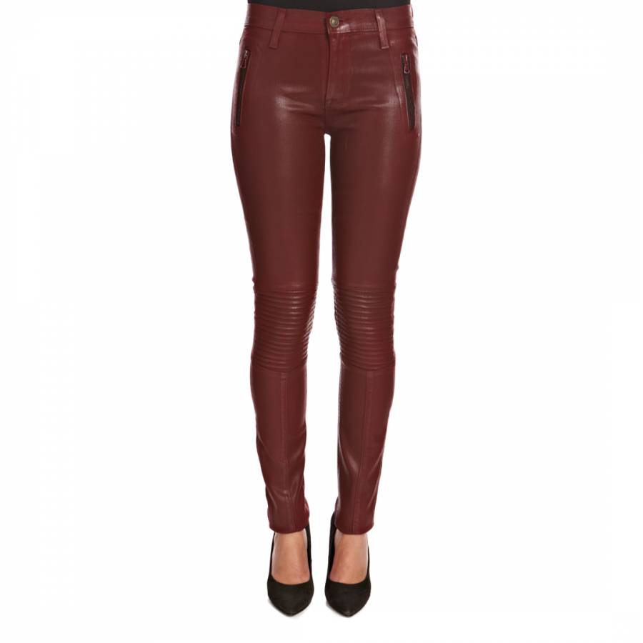 Red Wax Coated Stark Ribbed Knee Mid Rise Moto Stretch Jeans - BrandAlley