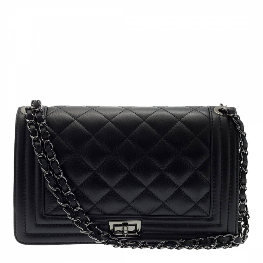 Black Leather Chain Quilted Handbag - BrandAlley