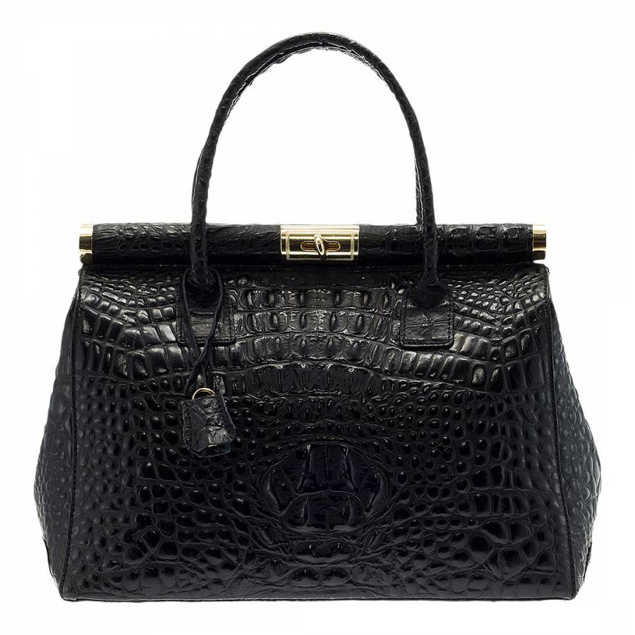 Black Leather Croc Embossed Handbag - BrandAlley