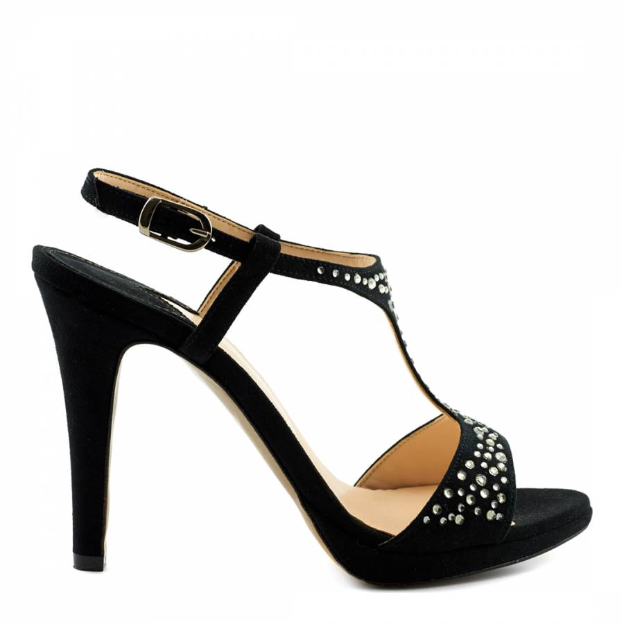 Black Suede T Bar Diamante Sandals Heel 11cm - BrandAlley