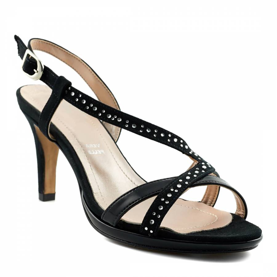 Black Suede Diamante Sandals Heel 8cm - BrandAlley
