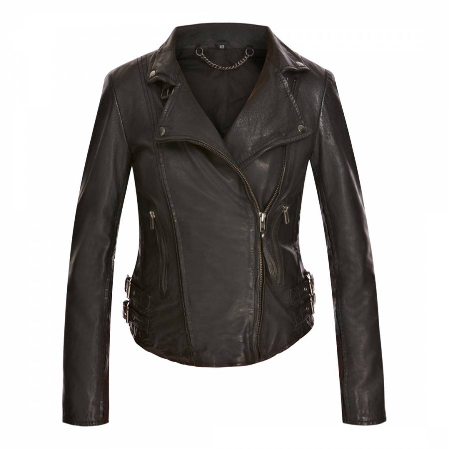 Black Flax Leather Biker Jacket - BrandAlley