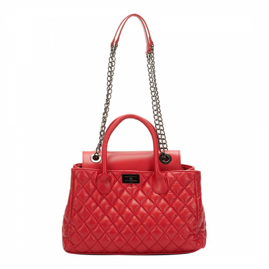 Red Leather Quilted Chain Strap Handbag - BrandAlley