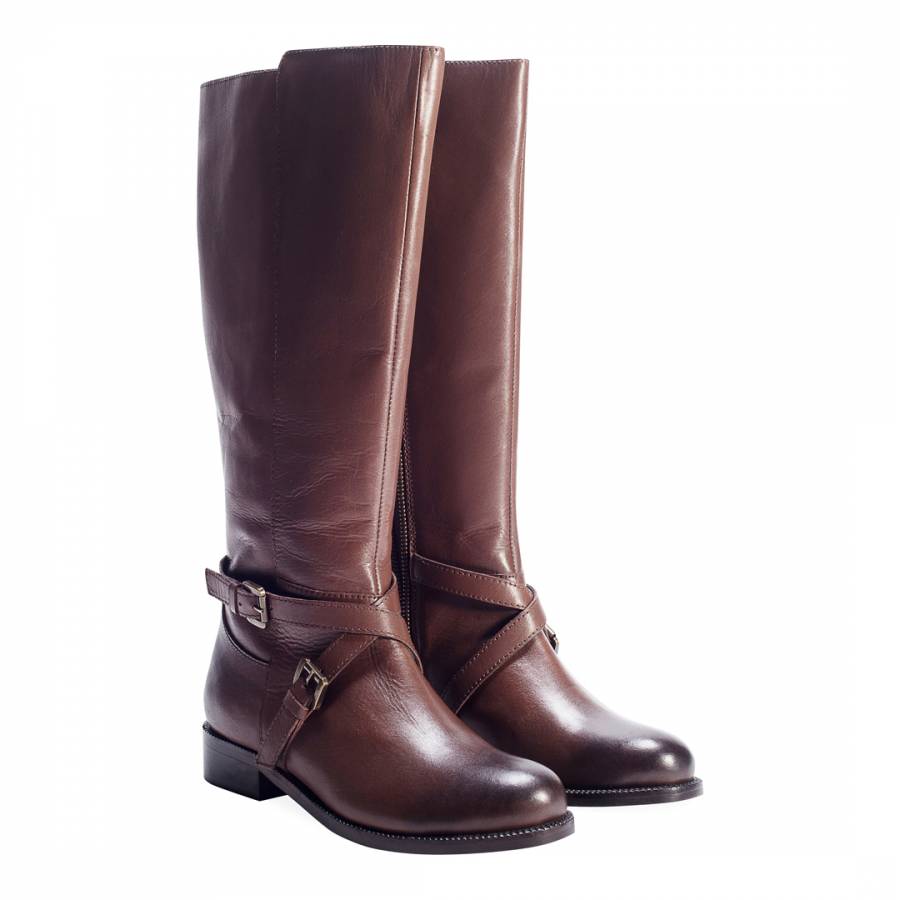 Ladies Brown Leather Cross Over Twin Zip Long Boots - BrandAlley