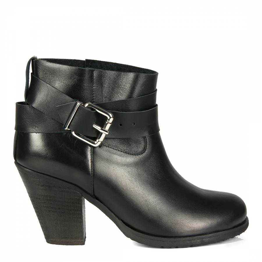 Black Leather Buckle Ankle Boots Heel 8.5cm - BrandAlley