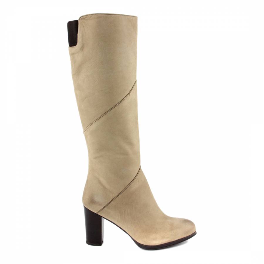 Cream Leather Long Boots - BrandAlley