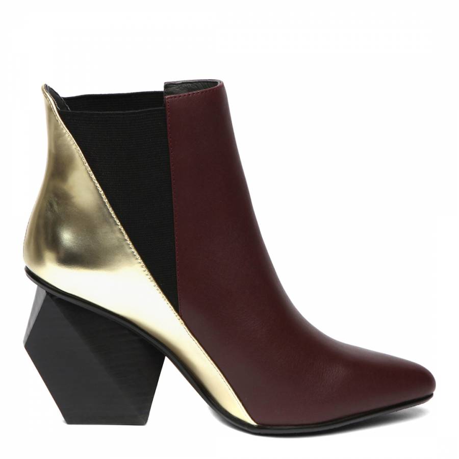 Wine And Gold Leather Contrast Ankle Boots - BrandAlley