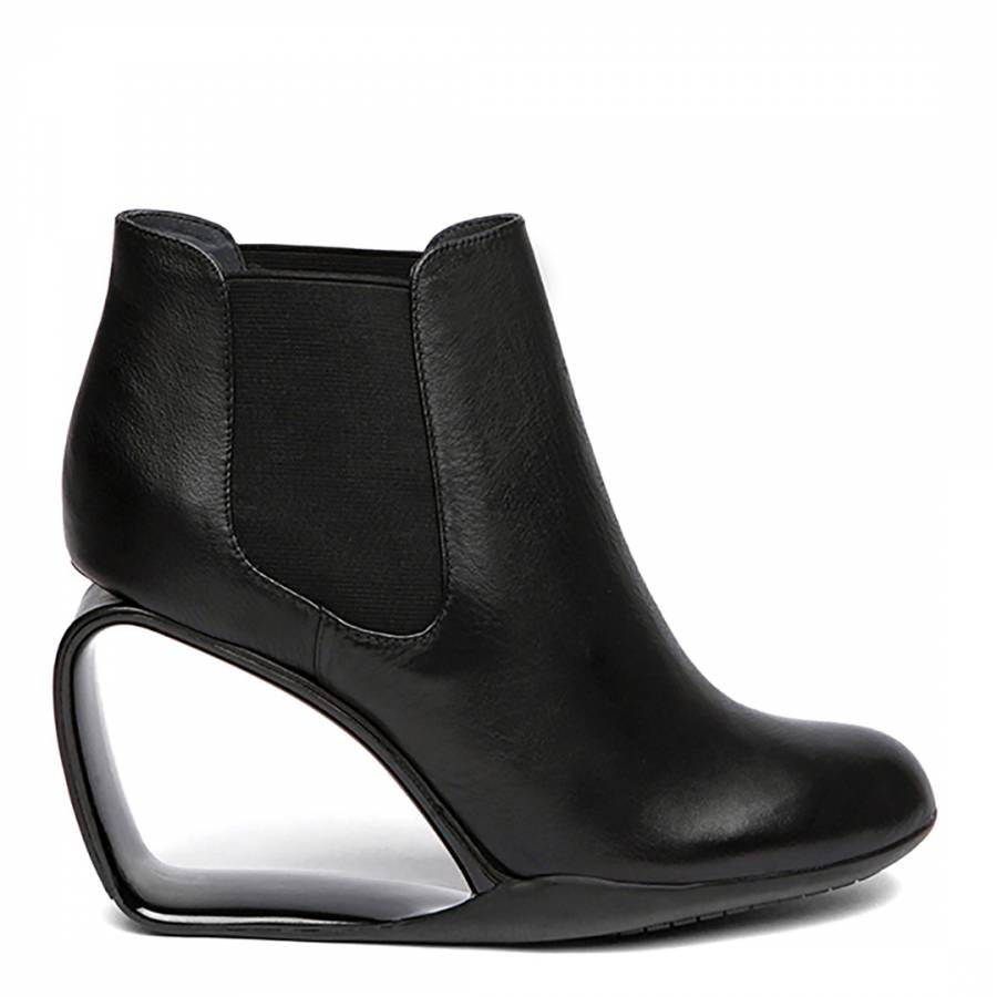 Black Leather Cut Out Wedge Ankle Boots Heel 8cm - BrandAlley