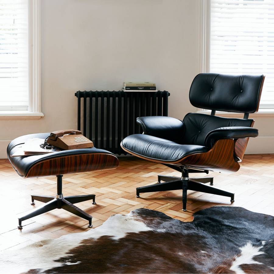 Black Leather Eames Inspired Lounge Chair and Ottoman