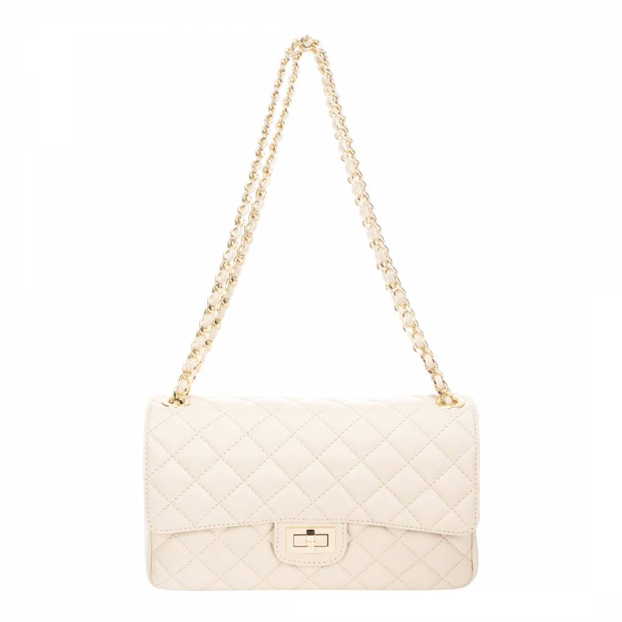 Cream Leather Quilted Double Chain Strap Shoulder Bag - BrandAlley