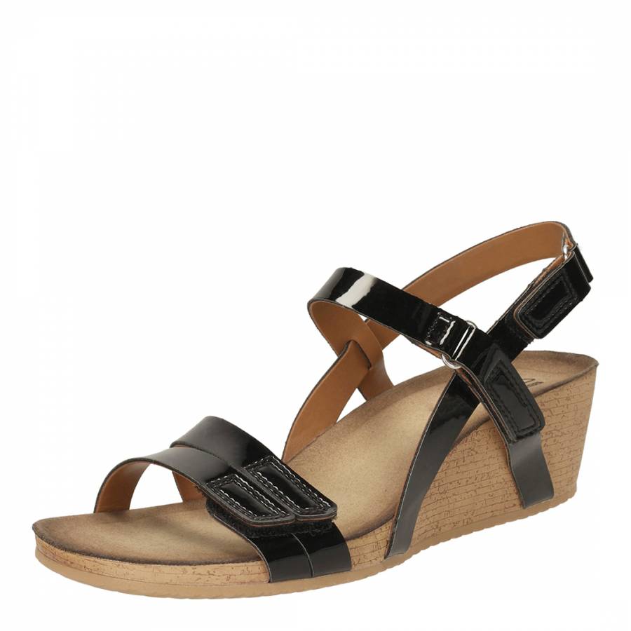 clarks black alto gull patent mid wedge sandals