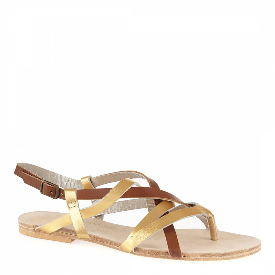 Gold/Brown Leather Cross Strap Sandals - BrandAlley