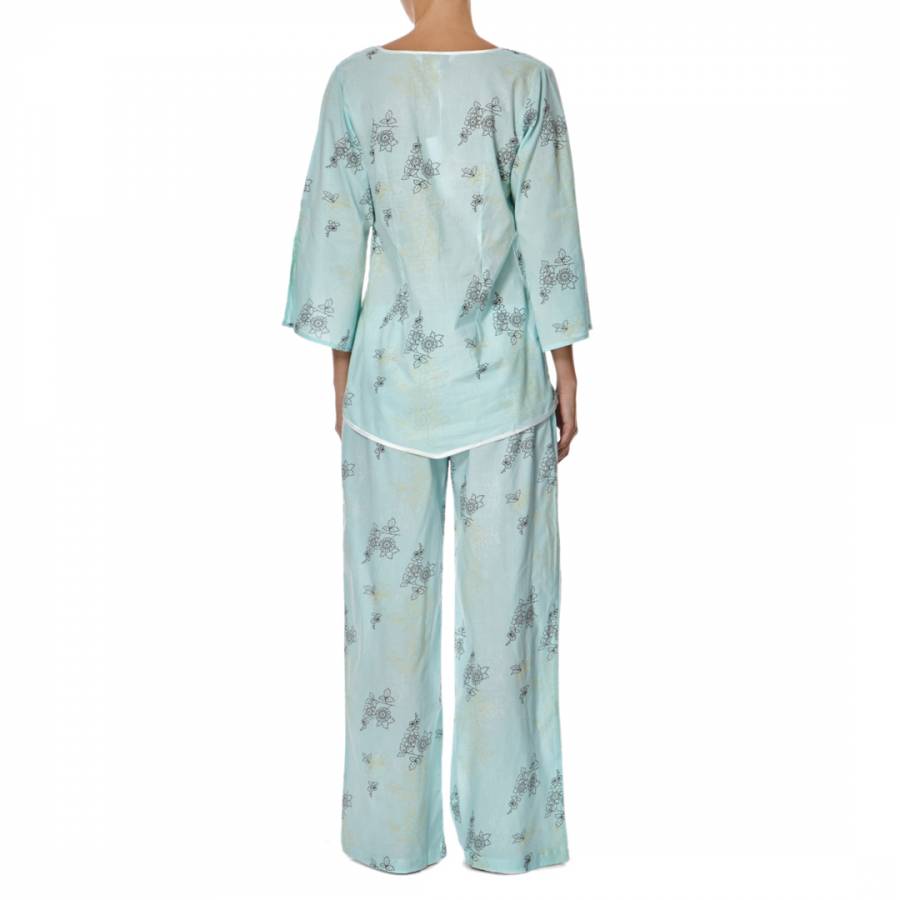 Aqua Antique Floral Sqaure Neck Cotton Pyjamas - BrandAlley