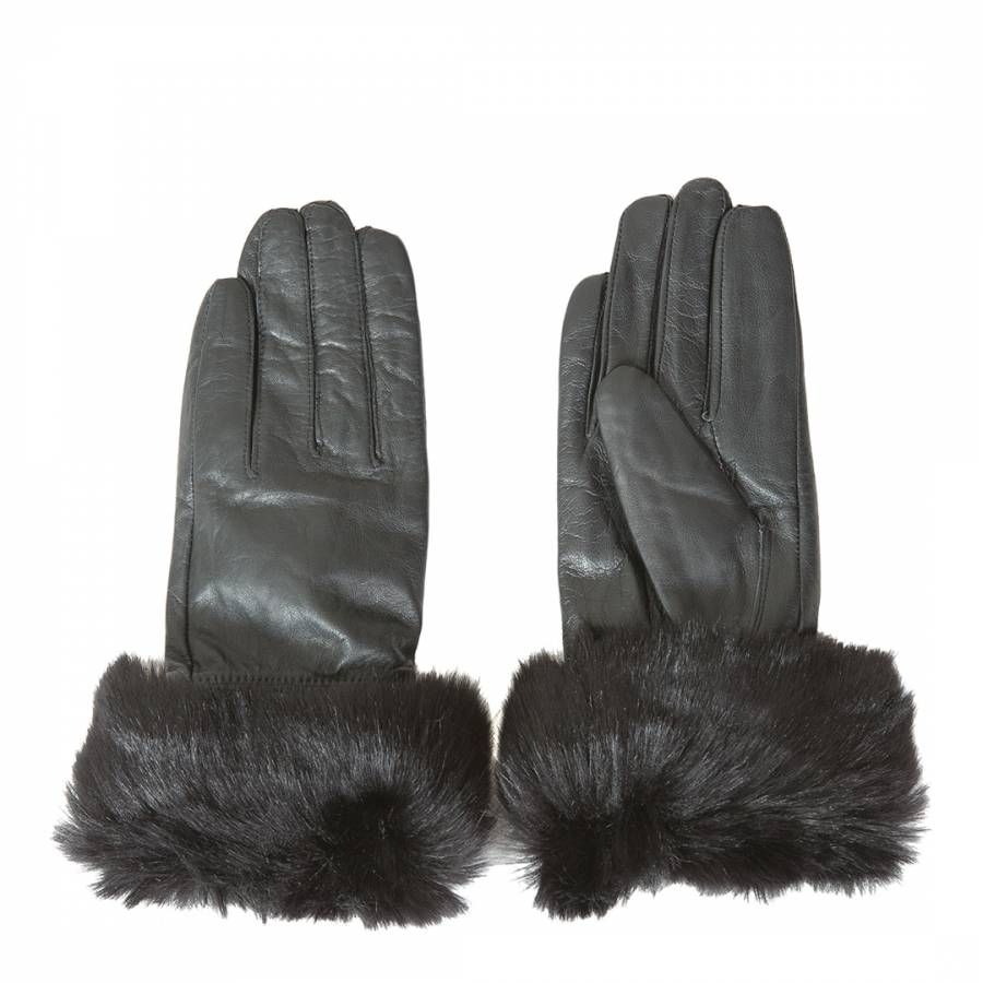 Black Leather Faux Fur Trim Gloves - BrandAlley