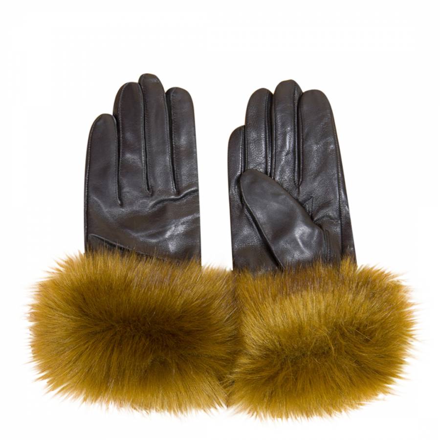 Black/Caramel Leather Faux Fur Trim Gloves - BrandAlley