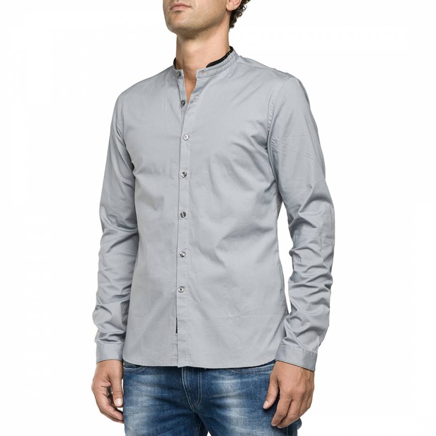 Grey Grandad Collar Cotton Shirt - BrandAlley