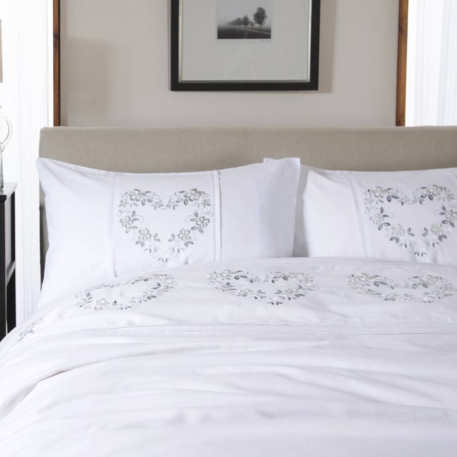 White Cotton Floral Heart Embroidered Single Duvet Set BrandAlley