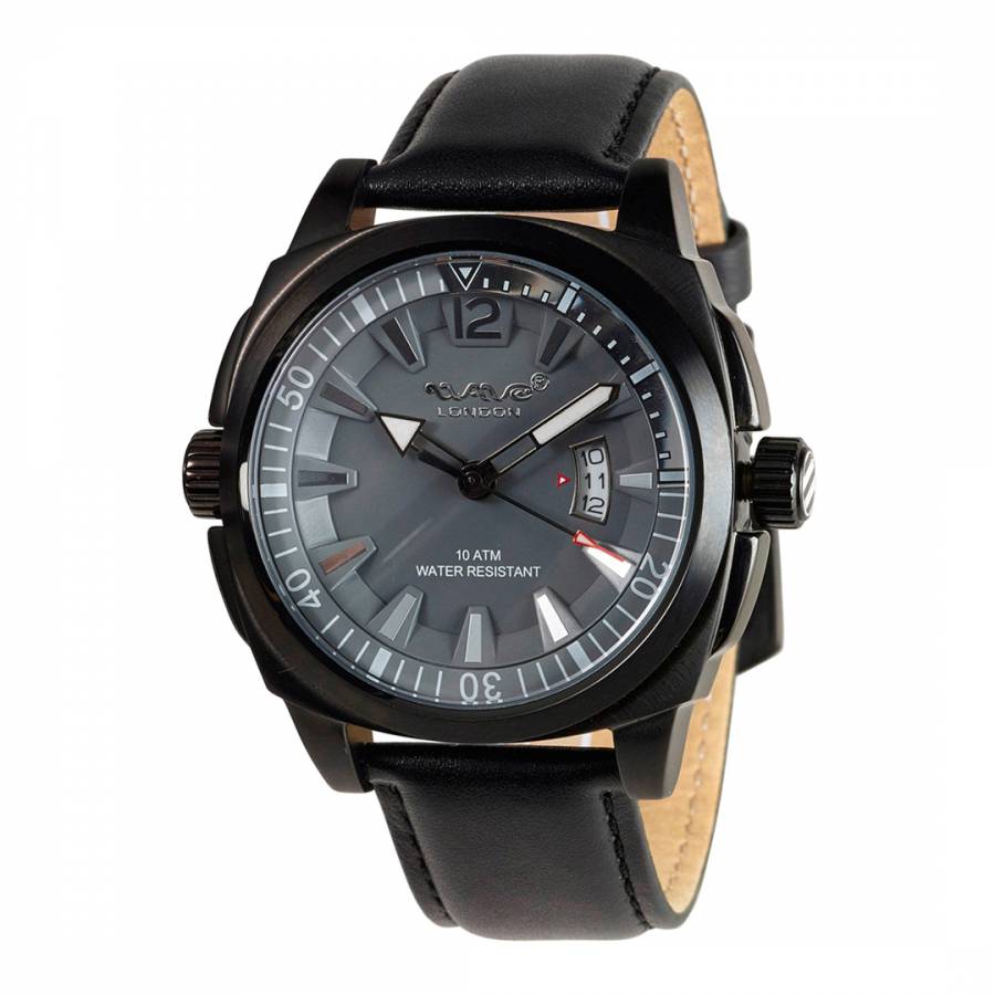 Black Stainless Steel Leather Strap Watch - BrandAlley