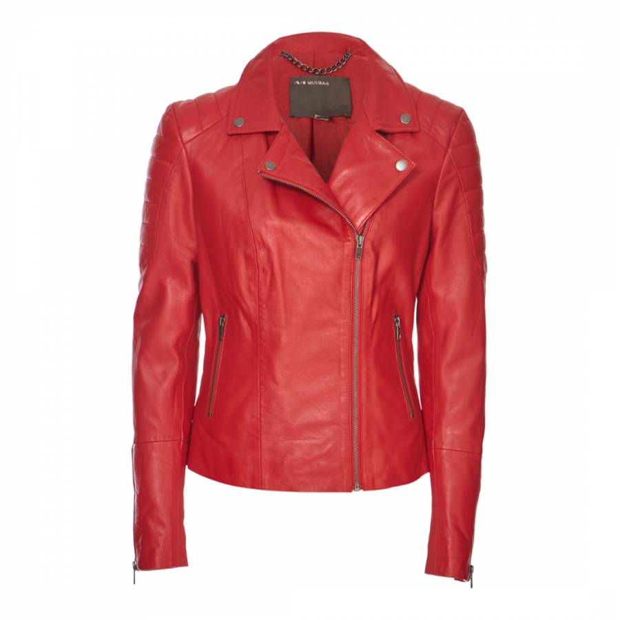 Cherry Red Mula Leather Biker Jacket - BrandAlley