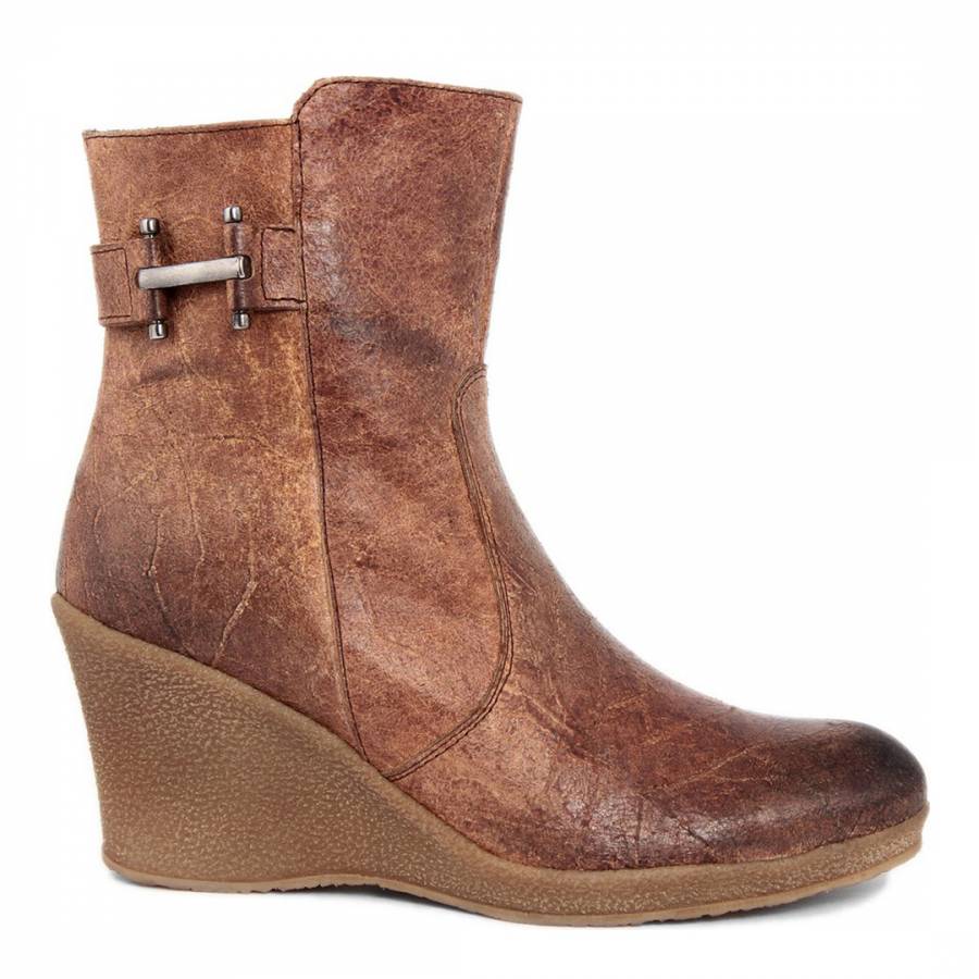 Brown Distressed Leather Effect Wedge Ankle Boots - BrandAlley