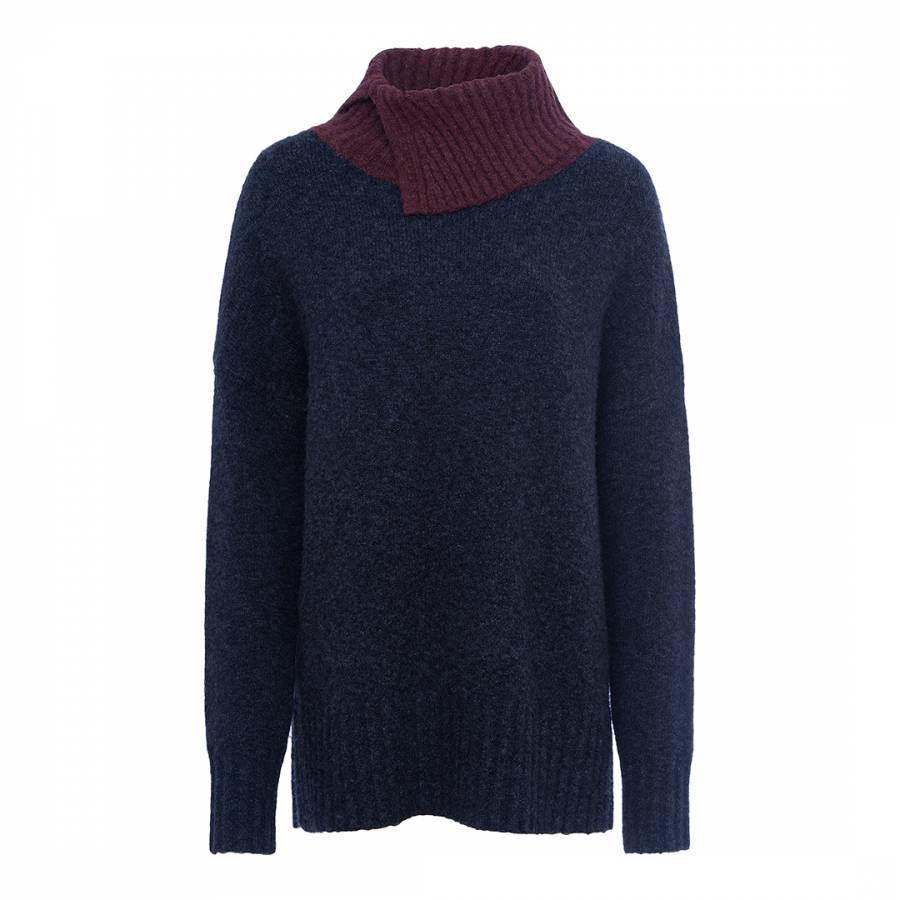 Navy Blue and Maroon Colour Block Turtlneck Knitted Jumper - BrandAlley