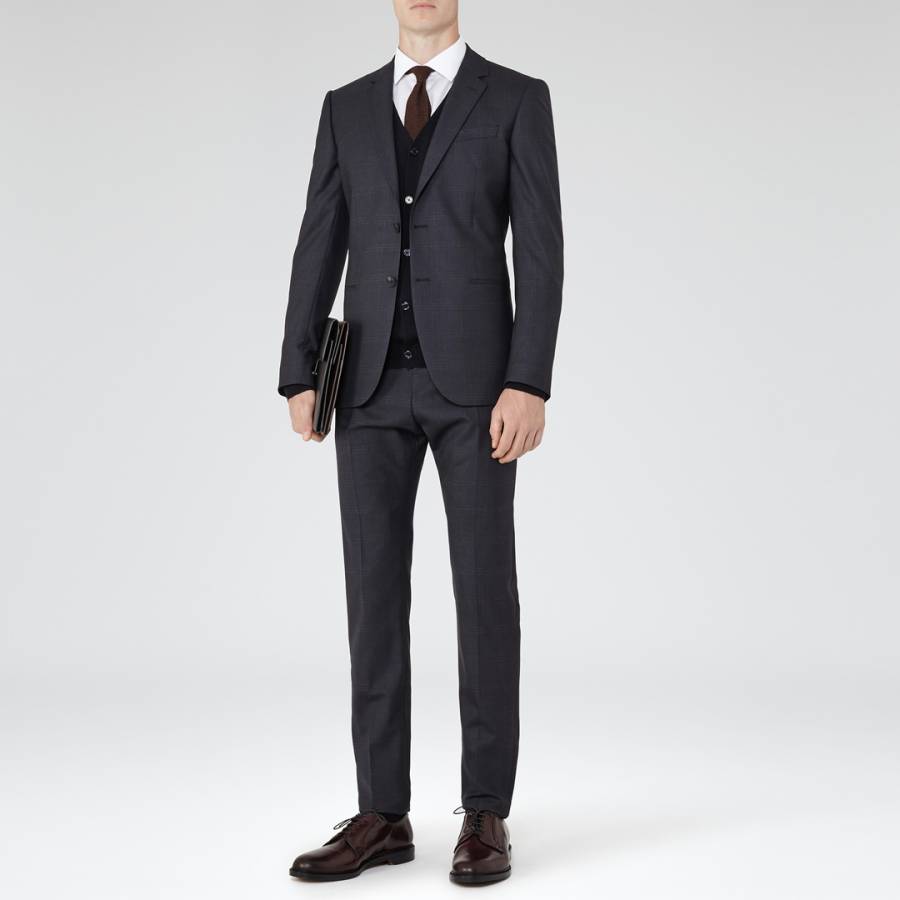 Navy Checked Modern Fit Suit Jacket - BrandAlley