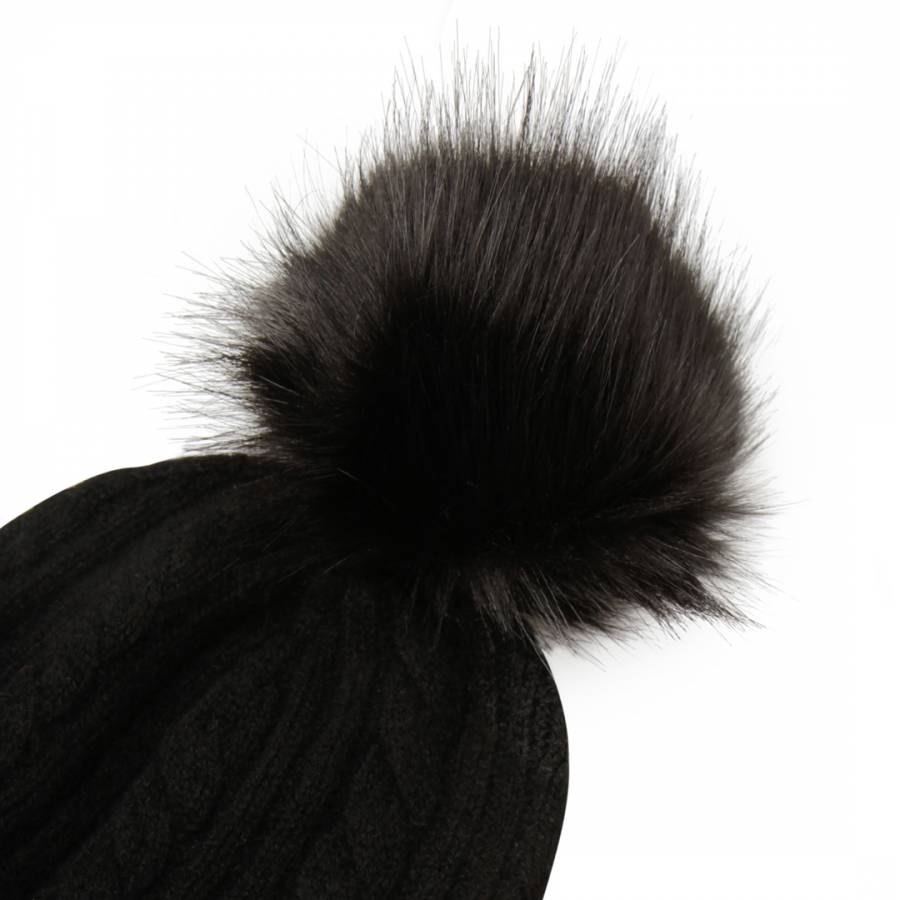Black Cashmere Cable Knit Faux Fur Bobble Hat - BrandAlley