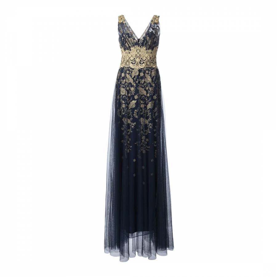 Navy Sleeveless Embroidered Floral Tulle Gown - BrandAlley