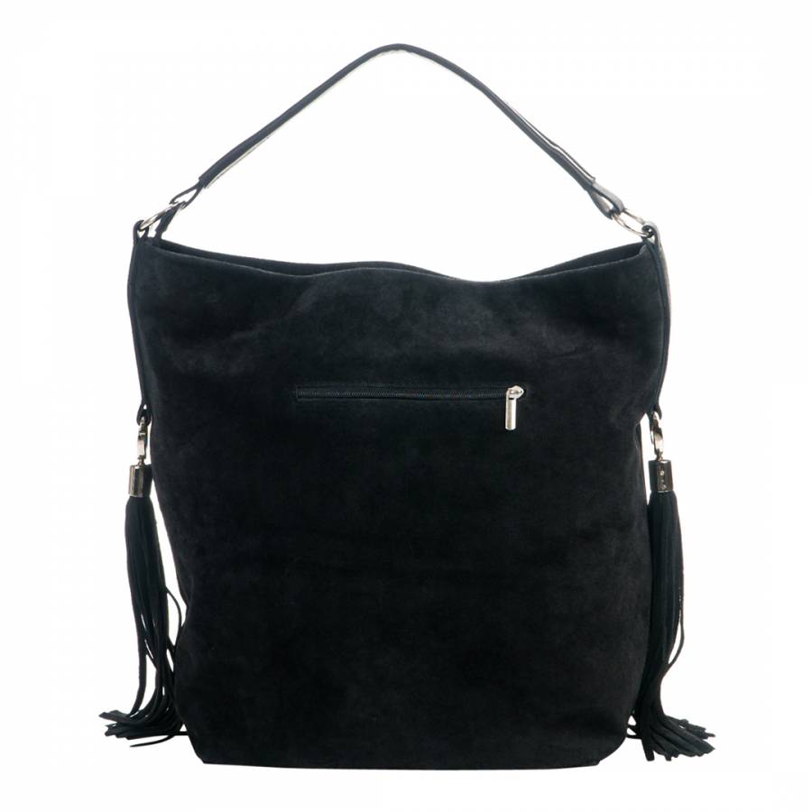 Black Suede Leather Tassel Handbag - BrandAlley