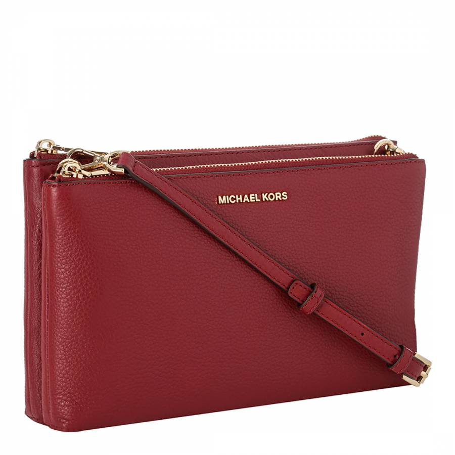 Wine Red leather Double Gusset Zip Crossbody Bag - BrandAlley