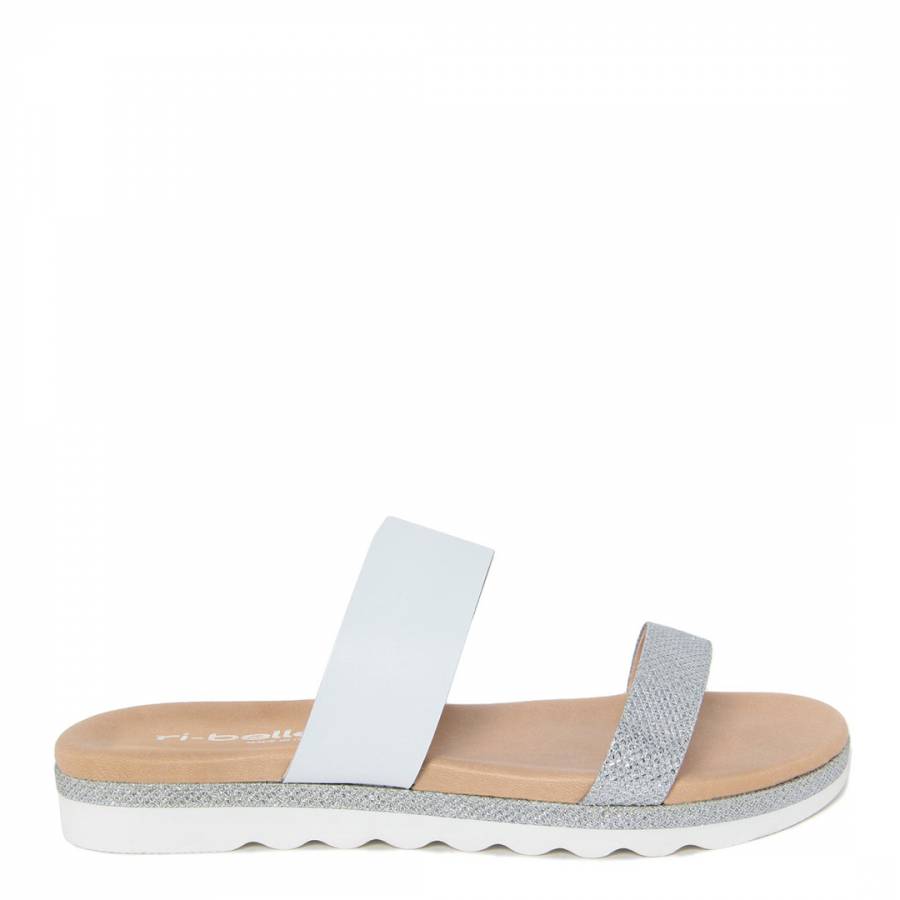 White and Silver Rhinestone Double Strap Slides - BrandAlley