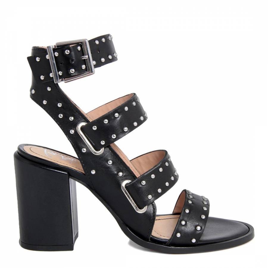 Black Leather Studded Cut Out Block Heels - BrandAlley