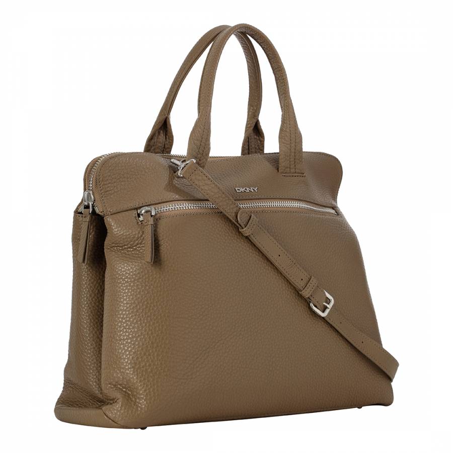 Khaki Leather Front Zip Tote Bag - BrandAlley