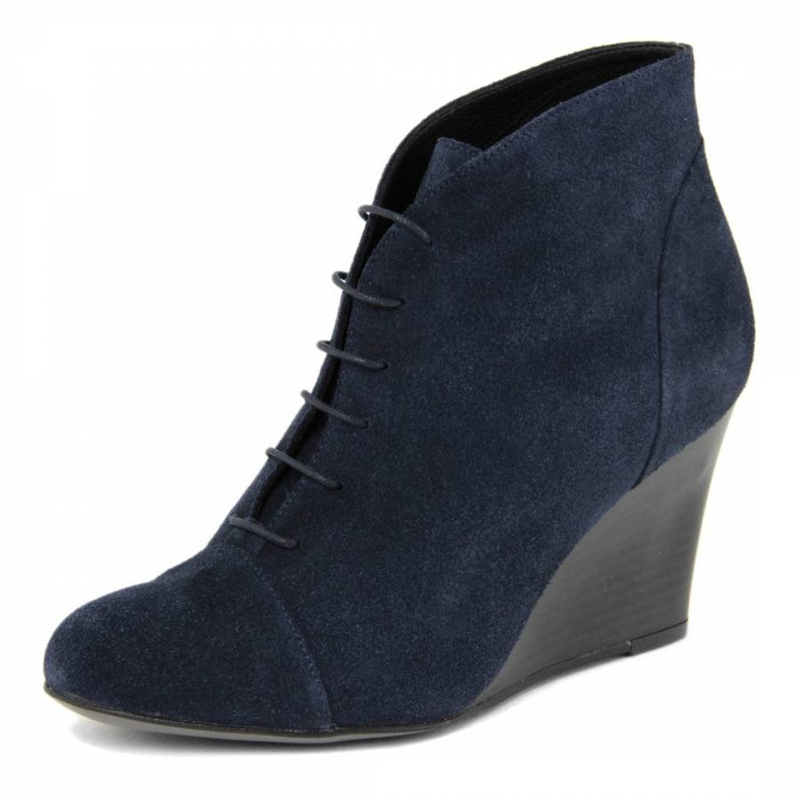 Dark Blue Suede Lace Up Wedge Ankle Boots - BrandAlley