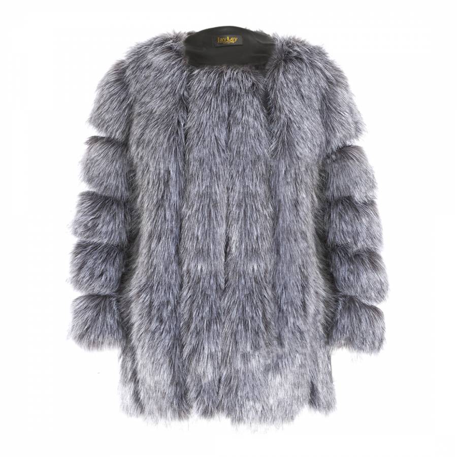 Grey Luxury Faux Fur Silk Blend Coat - BrandAlley