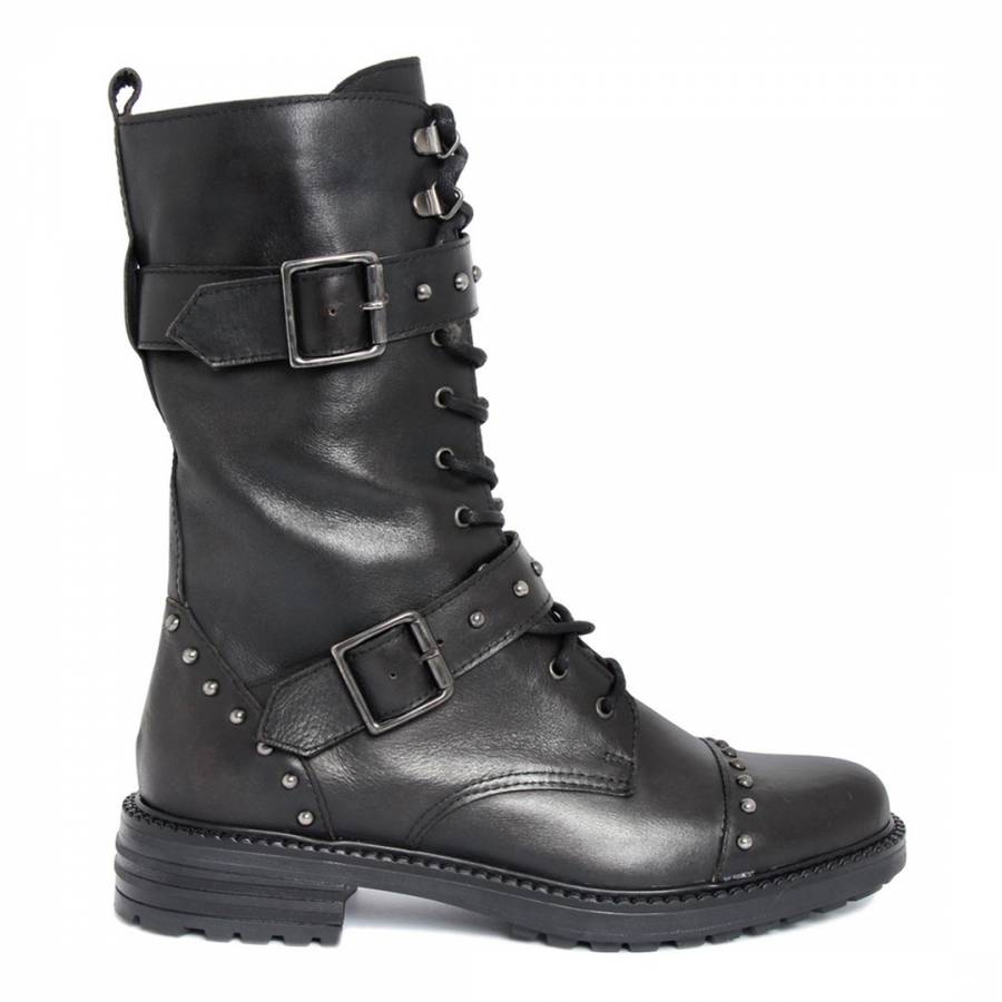 Black Leather Troll Biker Boots - BrandAlley