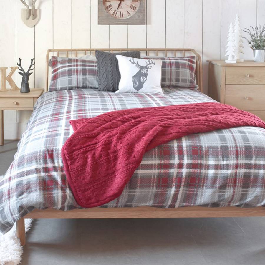 Skye Check Double Brushed Cotton Duvet Cover Set Grey Red